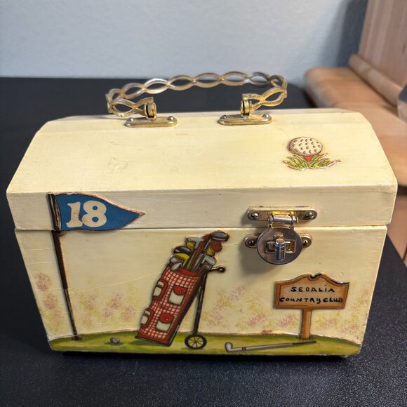 Unique One of a Kind Decoupaged Golf Purse Lunchbox Stlye - Picture 1 of 14